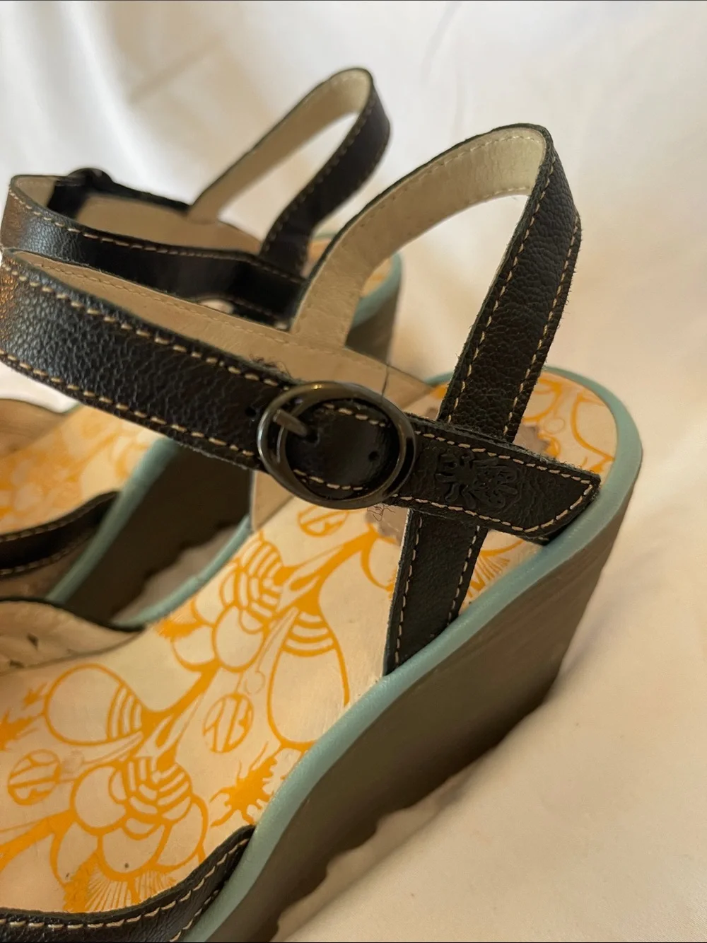 Fly London Black Strappy Wedge Sandals with Beige Upper and Mint Trim